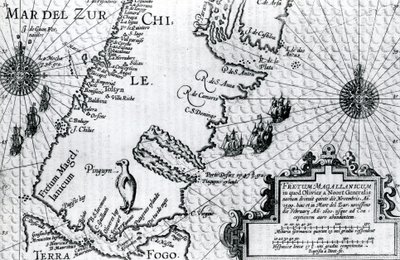 Mapa del Estrecho de Magallanes, placa de la descripción del viaje de Oliver van Noort, 1602 de Dutch School