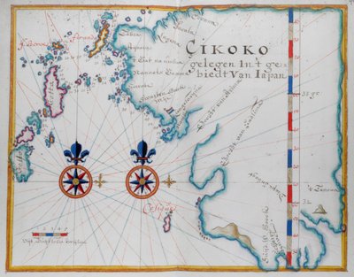 Mapa de la parte sur de la isla de Kyushu, Japón (pluma y acuarela sobre papel) de Dutch School