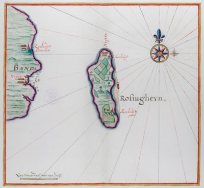 Mapa que muestra una pequeña parte de Banda Besar (Lonthoir) y Hatta (Rosengain). Las islas Bnda, parte de la provincia indonesia de Molucas. de Dutch School