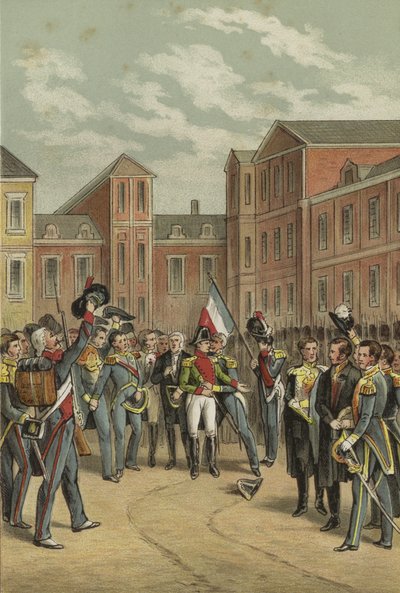 Despedida de Napoleón a la Guardia Imperial en el Patio del Caballo Blanco del Palacio de Fontainebleau, 1814 de Dutch School