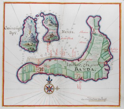 Mapa pictórico de tres de las islas de Banda. de Dutch School