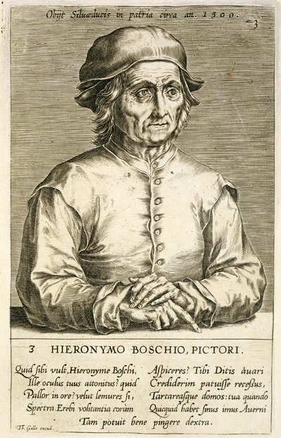 Retrato de Hieronymus Bosch, placa 3 de una serie de retratos de artistas, grabado por Theodor Galle de Dutch School