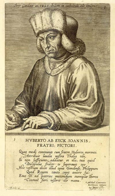 Retrato de Hubert van Eyck, placa 1 de una serie de retratos de artistas, grabado por Theodor Galle de Dutch School