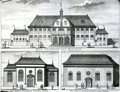 Iglesia portuguesa y ayuntamiento en Batavia, siglo XIX de Dutch School