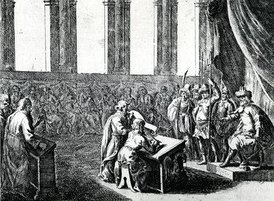 Ptolomeo Filadelfo, Rey de Egipto, convoca a 72 hombres de Judea para traducir la ley judía al griego, c.1700 de Dutch School