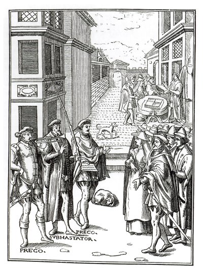 Venta por pregonero, después de un grabado en Praxis Rerum Civilium de Joos de Damhouder (1507-81) publicado en Amberes, 1557 de Dutch School