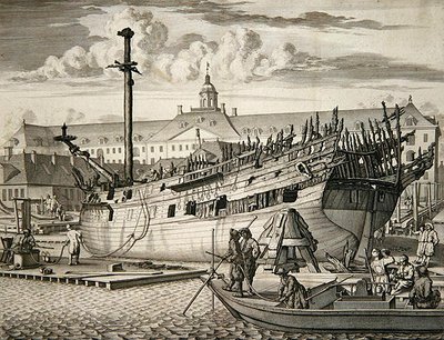 Barco que se incendió frente al Arsenal Marino de la Compañía Holandesa de las Indias Orientales de Dutch School