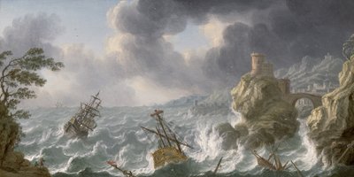 Naufragio en una tormenta frente a una costa rocosa de Dutch School