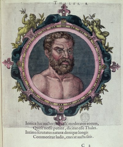 Tales de Mileto (c.625-547 a.C.), ilustración de Veterum et Recentium Medicorum Philosophorumque Icones de Johannes Sambucus (1531-1584), publicado por Plantin en Amberes 1574 (grabado en color) de Dutch School