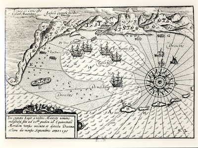 La llegada de la flotilla del vicealmirante Wybrandt Van Warwijck al puerto sureste de Mauricio en septiembre de 1598 de Dutch School