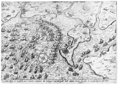 La fuerza inglesa y holandesa enfrentando a la flota española en el puerto de Cádiz en 1596 de Dutch School