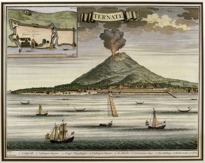 La Isla de Ternate, Molucas, Indonesia, ilustración de Oud Nieuw Oost-Indien, 1724-26 de Dutch School