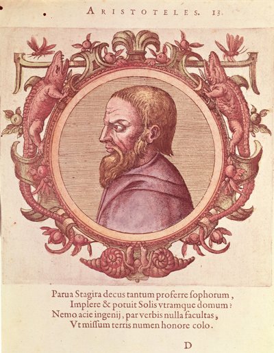 El filósofo Aristóteles (384-322 a.C.), ilustración de Veterum et Recentium Medicorum Philosophorumque Icones de Johannes Sambucus (1531-1584), publicado por Plantin en Amberes 1574 (grabado en color) de Dutch School