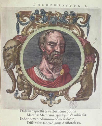 Teofrasto (c.372-287 a.C.), ilustración de Veterum et Recentium Medicorum Philosophorumque Icones de Johannes Sambucus (1531-84), publicado por Plantin en Leyden 1603 (grabado en color) de Dutch School