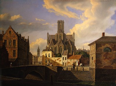Paisaje urbano con un canal, puente, escalones y figuras, con una iglesia medieval y la torre de un ayuntamiento al fondo de Dutch School