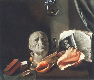 Bodegón de vanitas con un busto, conchas marinas, libros y frascos de vidrio de Dutch School