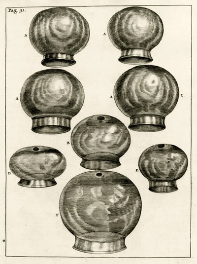 Varios vasos de ventosas, de Exercitationes Practicae circa Medendi Methodum por Frederik Dekkers, 1694 de Dutch School