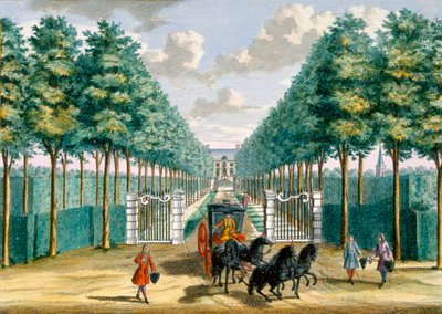 Vista de la Casa Velserbeek desde el camino de entrada, de Het Zeganpralent Kennemerlant por Hendrick de Leth y Matthias Brouerius Van Nidek, publicado c.1700-1730 de Dutch School