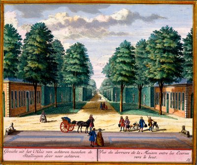 Vista de la parte trasera de la casa entre los establos, de Het Zeganpralent Kennemerlant por Hendrick de Leth y Matthias Brouerius Van Nidek, publicado c.1700-30 de Dutch School