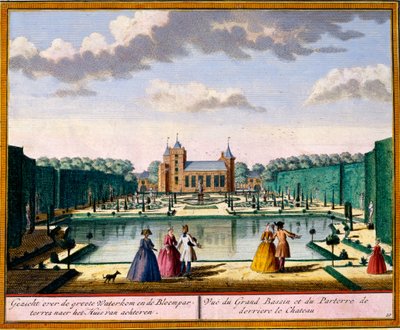 Vista del gran estanque y parterre en la parte trasera de la casa, de Het Zeganpralent Kennemerlant por Hendrick de Leth y Matthias Brouerius Van Nidek, publicado c.1700-30 de Dutch School