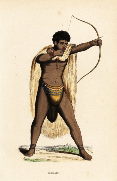 Hombre khoikhoi con capa de piel de animal, taparrabos de cuentas, con arco y flecha de Duverger Duverger