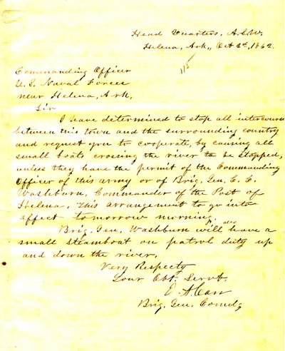 Carta de E. A. Carr, Helena, Arkansas, al oficial al mando de las fuerzas navales de EE. UU. cerca de Helena, Arkansas, 2 de octubre de 1862 de E.A. Carr