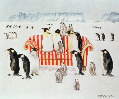 Pingüinos en un sofá rojo y blanco, 1994 de E.B. Watts