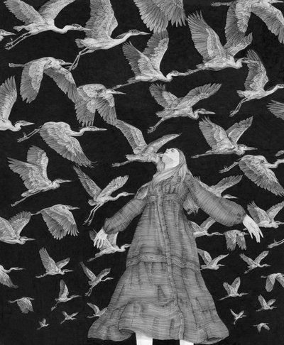 Mujer etérea con garzas volando de EC Mazur