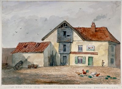Vista de Little Bell Yard, Whitecross Street, con gallinas en primer plano, Londres, 1868 de EH Davies