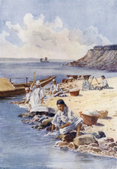 Mujeres coreanas lavando ropa en un río (litografia de color) de E.H. Fitchew
