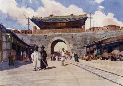 Una de las puertas de entrada a Seúl, la capital de Corea (litografia en color) de E.H. Fitchew