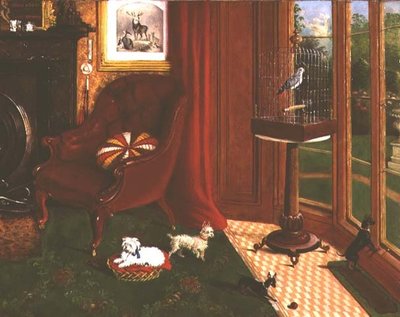 Interior con terriers y un loro en una jaula de E.M. Fox