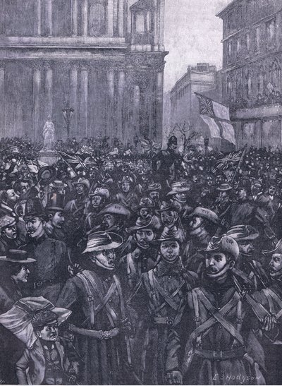 Los CIV marchando por Ludgate Hill, en camino a la Mansion House hacia la estación de Waterloo, ilustración de la Historia de Inglaterra de Cassell, 1900s de E.S. Hodgson