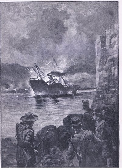 La guerra hispanoamericana: El hundimiento del Merrimac, ilustración de la Historia de Inglaterra de Cassell, 1900s de E.S. Hodgson