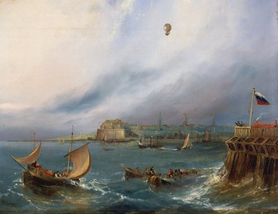 El primer cruce en globo del Canal de la Mancha, 7 de enero de 1785, c.1840 de E.W. Cocks