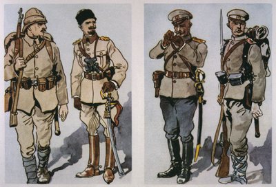 Infantería turca y oficial (izquierda) y oficial de infantería y soldado de a pie búlgaros de 1917 (derecha) de 1917 de E. (after) Dobrich