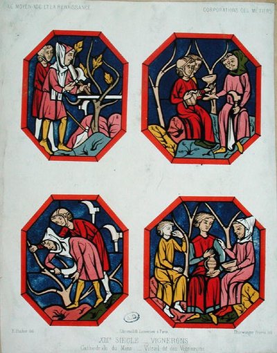 La ventana de los viticultores, grabado por los hermanos Thurwanger, de una vidriera en la Catedral de Le Mans de E. (after) Hucher