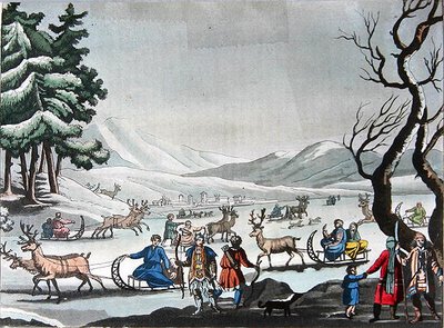 Tungus dejando su campamento de invierno en trineos tirados por renos, c.1820 de E. (after) Karnejeff