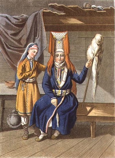 Mujeres Votyak Hilando, grabado por Jegor Skotnikoff (1782-1843) de E. (after) Karnejeff