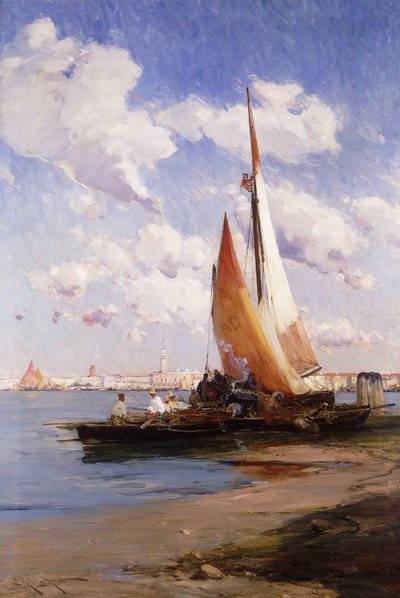 Embarcación de pesca con el Rivere degli Schiavoni, Venecia, al fondo de E. Aubrey Hunt