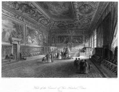 Sala del Consejo de los Quinientos, Venecia, Italia, siglo XIX de E. Challis