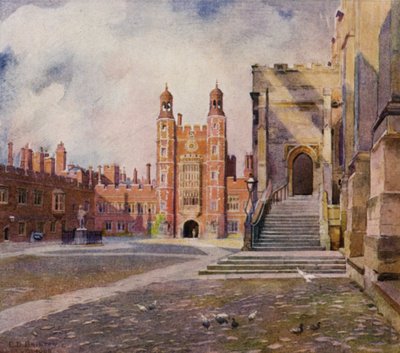 Eton: El patio de la escuela, las escaleras de la capilla y la torre de Lupton (litografía en color) de E. D. Brinton
