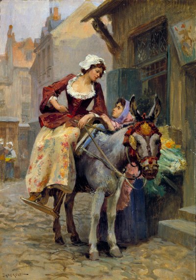 El burrito. Una mujer montando una amazona en un burro, con los pies en una ranura adecuada. Pintura de E. Dameron (siglo XVIII) Colección privada de E. Dameron