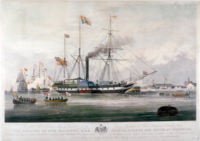 La reina Victoria y el príncipe Alberto llegando al astillero real, Woolwich, Kent, 1843 de E Duncan