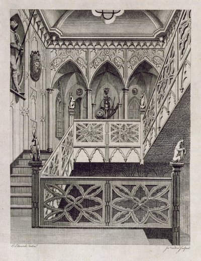 Escalera en Strawberry Hill, grabado por J. Newton, de 