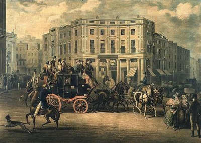 "The Age" Brighton Coach en el Bull and Mouth, Regent Circus (grabado) de E. F. Lambert