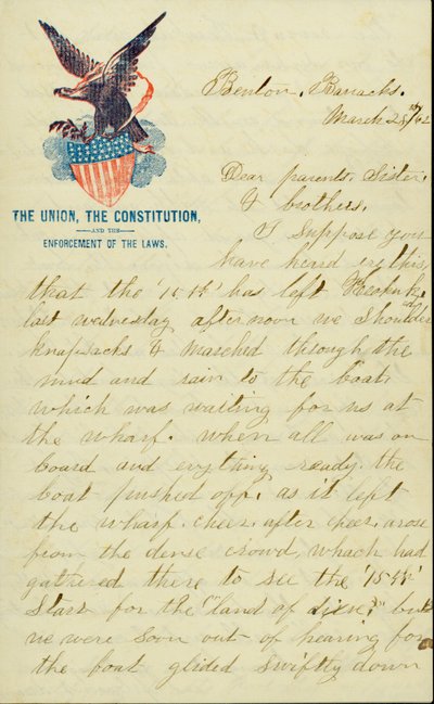 Carta firmada E.G. Black, Benton Barracks, Mo., a sus padres, hermana y hermanos, 28 de marzo de 1862 de E. G. Black