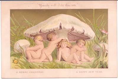 Tarjeta victoriana de Navidad y Año Nuevo con un grupo de hadas relajándose bajo una seta, todo ello sobre un fondo dorado, por Gertude Thompson, c.1895 (litografía en color) de E. Gertrude Thompson