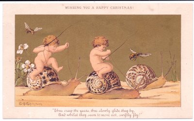 Tarjeta navideña victoriana de dos bebés desnudos montados en caracoles escoltados por avispas sobre un fondo dorado, c.1895 (litografía en color) de E. Gertrude Thompson