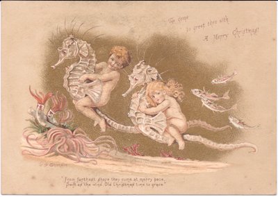 Tarjeta navideña victoriana de dos bebés acuáticos montados en un caballito de mar con anémonas de mar y un banco de peces, por Gertude Thompson, c.1895 (litografía en color) de E. Gertrude Thompson